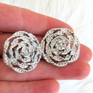 Vtg Lisner Diamond Cut Silvertone Rope Chain Link Disc Clip Earrings